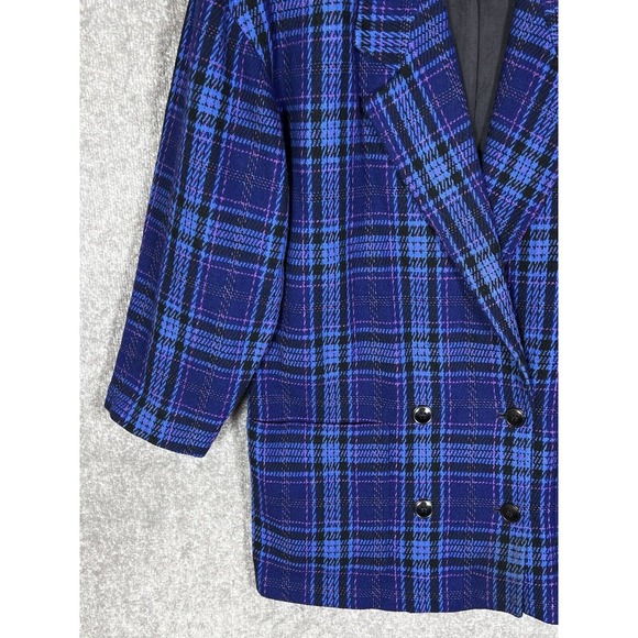 Vintage Liz Claiborne Wool Blend Blue Plaid Double Breasted Blazer Womens Size 8 - Picture 9 of 16